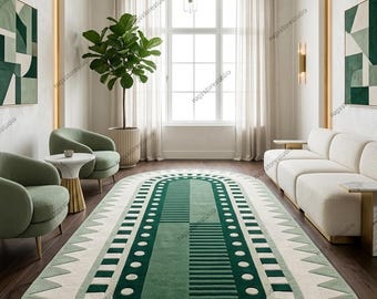 Green Geometric Runner Rug 2.6x14 ft, Modern Abstract Area Rug, Scandinavian Minimal Carpet, Luxury Hallway Rug, Handmade Tufted Rug
