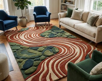 Hand Tufted Abstract River Moss Rug 8x10 ft, Modern Sculpted Texture Rug, Green Rust Aesthetic Living Room Carpet, Luxury Statement Decor