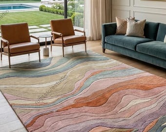 Abstract Wavy Area Rug | Colorful Pastel Tufted Carpet | Modern Topographic Rug for Living Room ,Aesthetic Boho Decor | Custom Landscape Rug