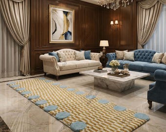 Hand-Tufted Mustard Striped Runner Rug Blue Scalloped Edge | Luxury Modern Wool 3x14ft, Abstract Wavy Designer Rug for High-End Living Rooms