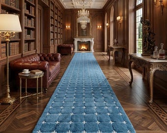 Geometric Grid Runner Rug Traditional Classic Hand Tufted Wool Minimalist Quilted Slate Blue Thick Plush Pile 3x10 8x10 Custom Sizes