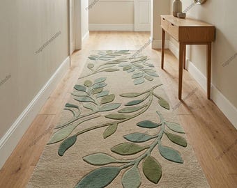 Botanical Leaf Runner Area Rug Modern Scandi Hand Tufted Wool Floral Vine Sage Green Beige Carved Plush Pile 5x7 8x10 Custom Size
