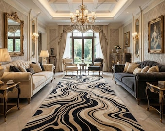 Art Deco Luxury Runner Rug Hand Tufted Wool Hallway Carpet Black & White Abstract Long Runner | Modern Entryway, Corridor Décor