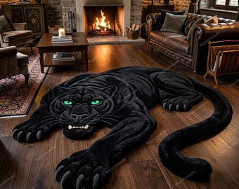 Black Panther Shaped Rug 3D Carved Animal Area Rug Maximalist Living Room Decor Gothic Hand Tufted Plush Statement Accent Rug