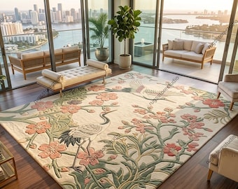 Japanese Crane Floral Area Rug Japandi Chinoiserie Hand Tufted Wool Cherry Blossom Carpet Cream Pink Sage Green Thick Pile 8x10 Custom Size