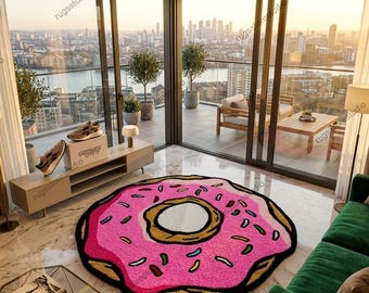 Pink Donut Rug 6x6 ft, Tufted Round Area Rug, Aesthetic Kawaii Room Decor, Handmade Punch Needle Carpet, Cute Kids Bedroom Living Room Rug