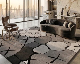 Hand Tufted KAWS Street Art Rug, Modern Grey Wool Carpet, Pop Art Hypebeast Bedroom Decor, Large Area Rug 8x10 9x12, Custom Size Living Room