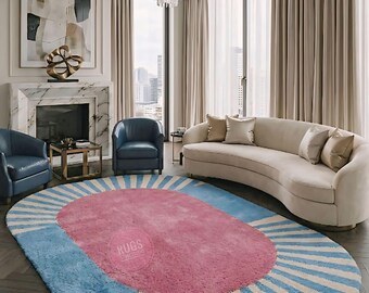 9x12ft Modern Hand Tufted oval Rug, Abstract Sunburst Area Rug, Pink Blue Luxury Carpet, Contemporary Designer Rug for Living Room 5x7ft