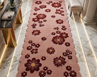 Pink Scalloped Floral Runner Rug 3x10, Hand Tufted Wool Hallway Rug, Cute Coquette Room Decor, Red Daisy Aesthetic Tufted Nursery Carpet