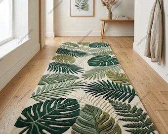 Botanical Leaf Runner Rug Organic Modern Hand Tufted Wool Tropical Carpet Sage Green Olive Cream Plush Pile Hallway Runner 3x10 Custom Sizes