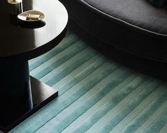 8x10 Teal Hand Tufted Wool Area Rug Modern Minimalist Turquoise Rug Soft Thick Pile Striped Living Room Rug Custom Bedroom Decor
