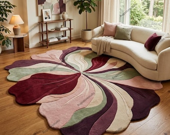 Abstract Floral Area Rug Modern Hand Tufted Wool Burgundy Pink Green Thick Plush 3D Carved Living Room Irregular Shape 8x10 9x12 Custom Size
