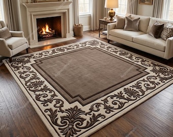 Hand Tufted Wool Rug Square Traditional Scrolling Border Classic Cream Espresso Luxury Carpet Living Room High Traffic Area 8x8 Area Rug