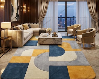 Mid century Luxury Handmade Tufted Geometric Rug, Modern Abstract Blue Mustard Area Rug, Custom Living Room Wool Carpet