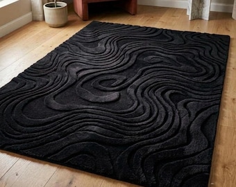 Black Wavy Area Rug Modern Minimalist Hand Tufted Wool Dark Charcoal Thick Plush 3D Carved Living Room Rectangle 8x10 9x12 Custom Size