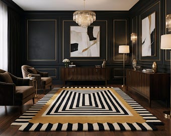 7x9ft Handmade Black & Gold Geometric Area Rug Modern Abstract Hand Tufted Rug, Designer Living Room Carpet,Contemporary Statement Floor Rug