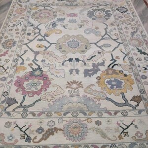 Hand-Knotted Oushak Wool Rug: 8x10 Beige & Multi Bohemian Floral Area Rug