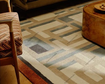 Geometric Mid Century Modern Area Rug, Abstract Bauhaus Style Tufted Wool Carpet in Beige, Teal & Rust, Modern Living Room Decor 8x10, 9x12
