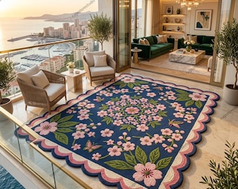 Hand Tufted Scalloped Area Rug, Navy Blue Botanical Wool Carpet, Pink Floral French Country Decor, Luxury Grandmillennial Living Room Rug
