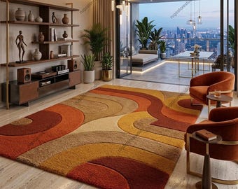 Retro Abstract Area Rug Mid Century Modern Hand Tufted Wool Wavy Geometric Terracotta Mustard Orange Thick Plush Pile 8x10 9x12 Custom Sizes