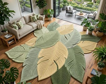 Botanical Green Leaf Shaped Area Rug | Hand Tufted Tropical Plant Carpet | Boho Nature Inspired Living Room Decor | 8x8ft, 10x10ft Custom