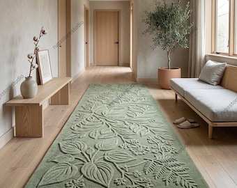 Sage Green Botanical Runner Rug | 3D Carved Leaf Pattern Hand Tufted Rug | Boho Hallway Runner 3x10Ft | Aesthetic Floral Custom Area Rug