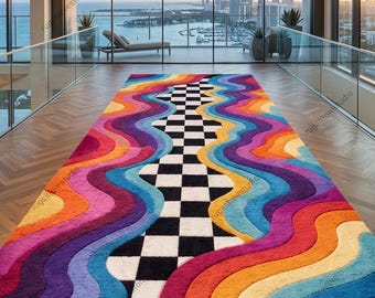 Hand Tufted Colorful Abstract Rug 3x16 ft, Modern Wavy Checkered Carpet, Luxury Living Room Decor, Aesthetic Statement Rug, Unique carpet