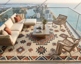 Hand Tufted Southwestern Area Rug Boho Aztec Pattern Rug, Terracotta & Navy Blue Geometric Carpet Handmade Tribal Tufted Rug for Living Room