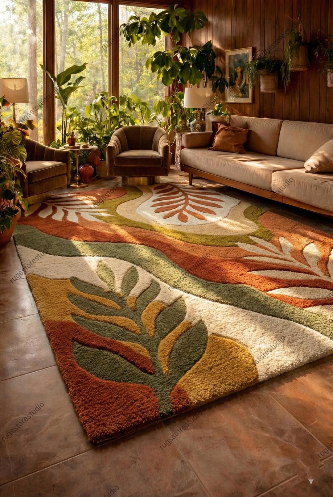 Hand Tufted 70s Retro Style Rug Mustard Yellow With Black Abstract ...
