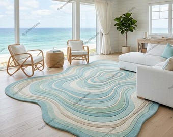 Organic Wavy Area Rug Coastal Modern Hand Tufted Wool Aqua Blue Cream Plush 3D Carved Living Room Irregular Shape 8x10 9x12 Custom Size