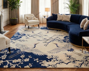 Hand Tufted Elegant Oriental Floral Bird rugs -Blue & Ivory Crane Area Rug, Chinoiserie Living Room Rug, Premium Modern Classic Home Decor