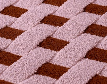 Pink and Brown Geometric Hand Tufted Rug | Woven Checkerboard Illusion Wool Area Rug | Minimalist Danish Pastel Carpet | 8x10 10x14 Custom