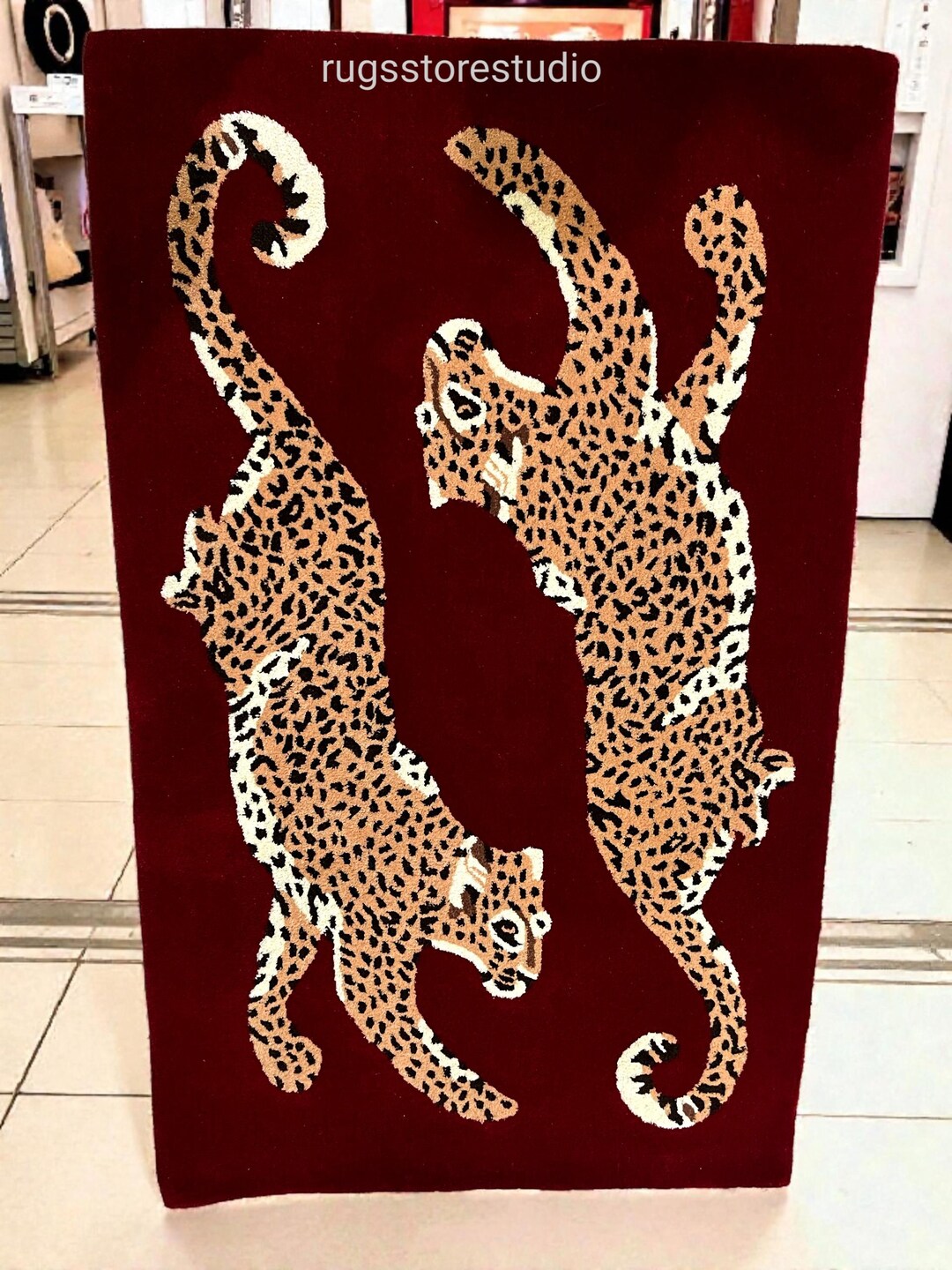 Red Animal Rug 6x9ft Luxury Hand Tufted Leopard Rug | Red Velvet Animal Print Area Rug ...