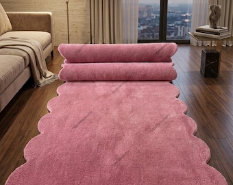Pink Scalloped Hand Tufted Runner Rug, Blush Wavy Edge Hallway Runner Modern Minimalist Rug, Handmade Tufted Carpet, Entryway Kitchen Runner