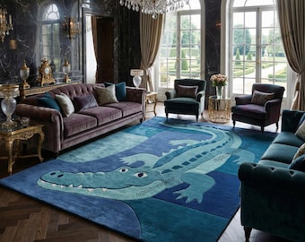 Hand tufted Crocodile Area Rug – Playful Alligator Design Carpet, Modern Blue Statement Rug for Living Room, Kids Room & Creative Home Decor