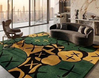 Large Abstract Cartoon Rug 8x10 Ft, KAWS Inspired Flower Rug, Modern Green Yellow Area Rug, Street Art Designer Rug, Living Room, Tufted Rug