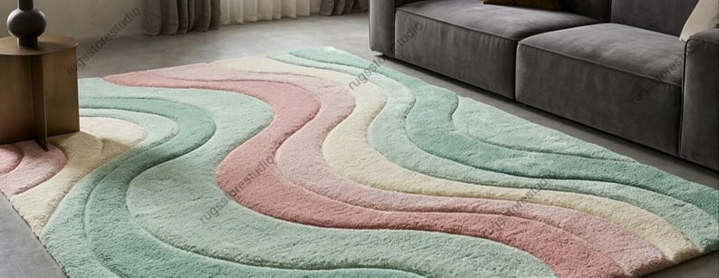 May include: A large, rectangular area rug with a wavy, layered design in pastel colors. The rug features soft, plush textures with bands of pink, green, cream, and off-white. The rug is placed on a light-colored floor, near a gray sofa.