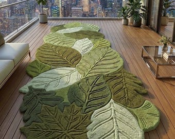 Hand Tufted Green Leaf Rug, Botanical Aesthetic Carpet, Custom Shaped Plant Rug, Nature Inspired Decor, Monstera Floor Mat, Plant Lover Gift