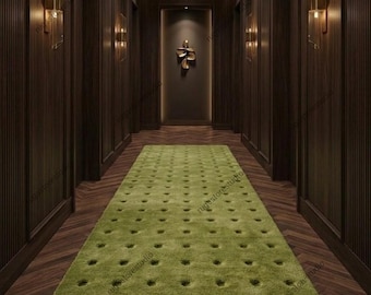 Olive Green Tufted Runner Rug, Modern Minimalist Hallway Rug, Handmade Wool Dotted Carpet, Luxury Corridor Rug, Custom Size Entryway Rug