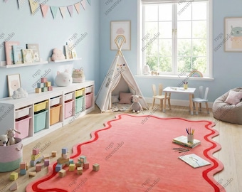 Pink Wavy Edge Area Rug | Hand Tufted Wool Carpet with Red Border, Irregular Shaped Rug for Bedroom, Modern Decor, Cozy Soft Wool 7x10ft