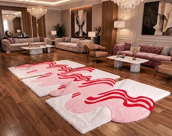 Abstract Pink & Red Hand Tufted Area Rug Set | Modern Sculpted Plush Carpet for Living Room, Bedroom  Designer Interiors