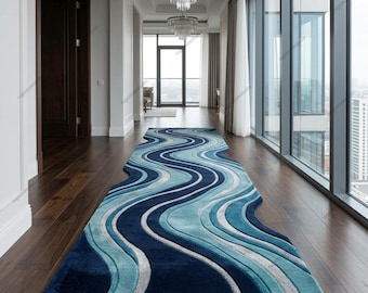Abstract Wavy Runner Rug Modern Contemporary Hand Tufted Wool Organic Shape Blue Teal High Low Plush Pile 2x8 3x10 Custom Sizes