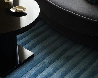 Steel Blue Hand Tufted Wool Rug, Modern Textured Wave Carpet, Custom Living Room Decor 8x10 Ft
