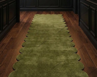 Hand Tufted Olive Green Scalloped Runner Rug – Luxury Modern Hallway Runner, Soft Plush Carpet for Entryway, Corridor & Living Room Decor
