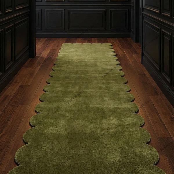 Tappeto passatoia smerlato verde oliva trapuntato a mano - Tappeto moderno di lusso per corridoio, morbido e soffice per ingresso, corridoio e soggiorno.