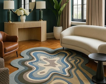 Tapete abstrato de lã tufado à mão | Decoração psicodélica moderna para casa | Tapete macio e irregular de 1,5 x 2,4 m para sala de estar e quarto | Tapete