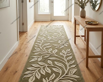 Sage Green Botanical Runner Rug 2.6x12 Hand Tufted Wool Hallway Rug, Organic Modern Vine Carpet, Luxury Entryway Decor