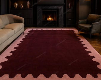 Hand Tufted Burgundy & Blush Pink Scalloped Rug, Modern Luxury Wool Area Rug Custom Handmade Living Room Carpet, Statement Mid Century Decor