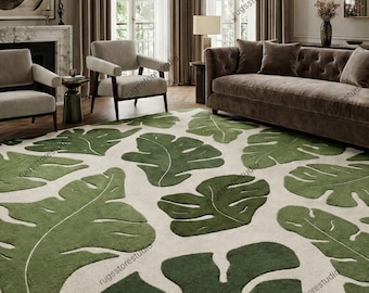Hand Tufted Monster Leaf Rug, Green Botanical Area Rug, Modern Tropical Living Room Carpet, Custom Handmade Rug