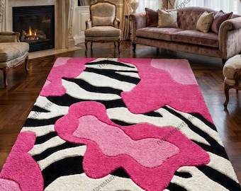 Pink Zebra Tufted Rug, Handmade Abstract Area Rug, Luxury Modern Living Room Carpet, Custom Hand Tufted Statement Rug Decor